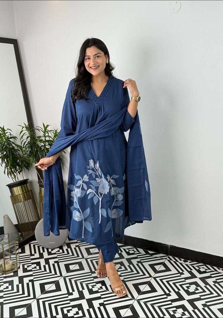 Blue Printed Cotton Straight Kurta Set - Indya