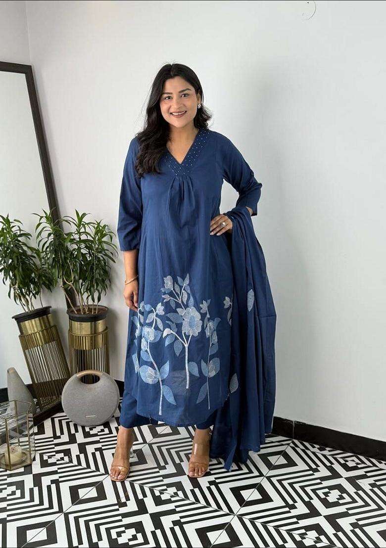 Blue Printed Cotton Straight Kurta Set - Indya