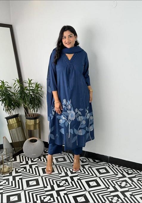 Blue Printed Cotton Straight Kurta Set
