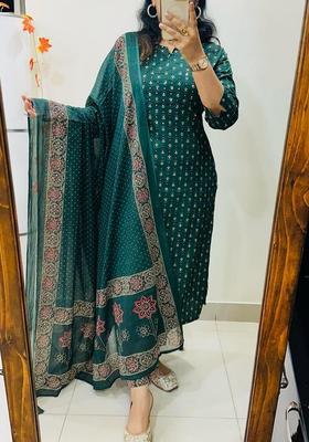 Green Printed Cotton Anarkali Set