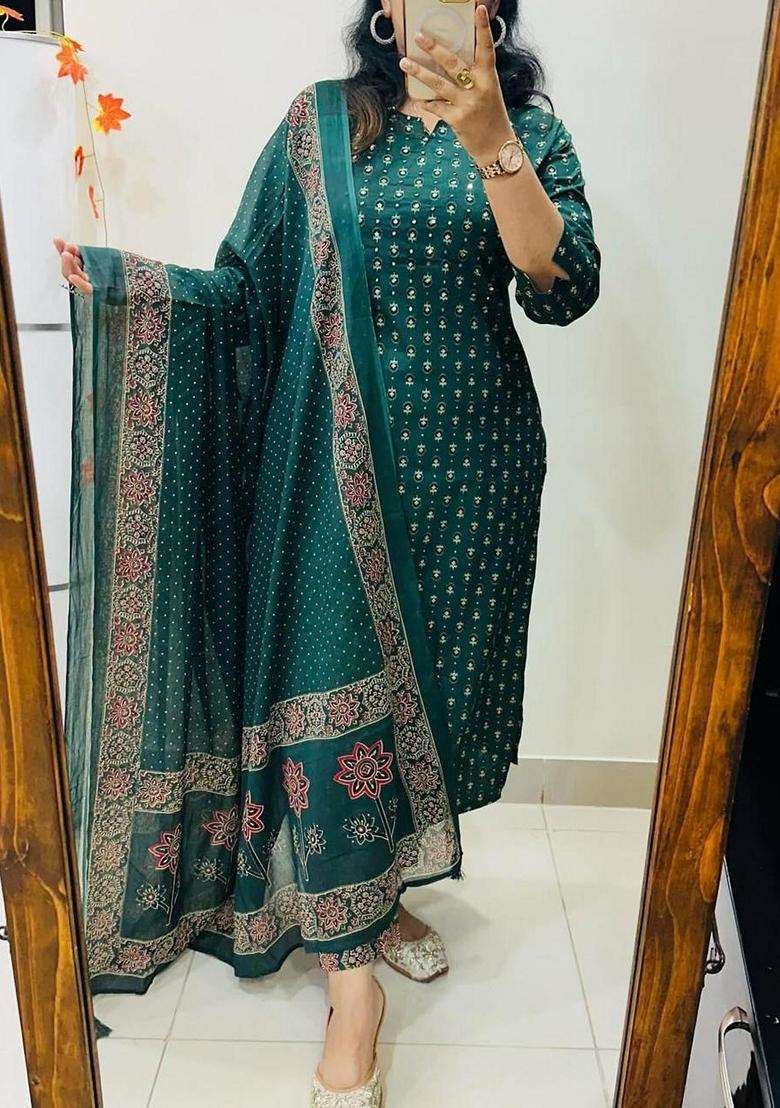 Green Printed Cotton Anarkali Set - Indya