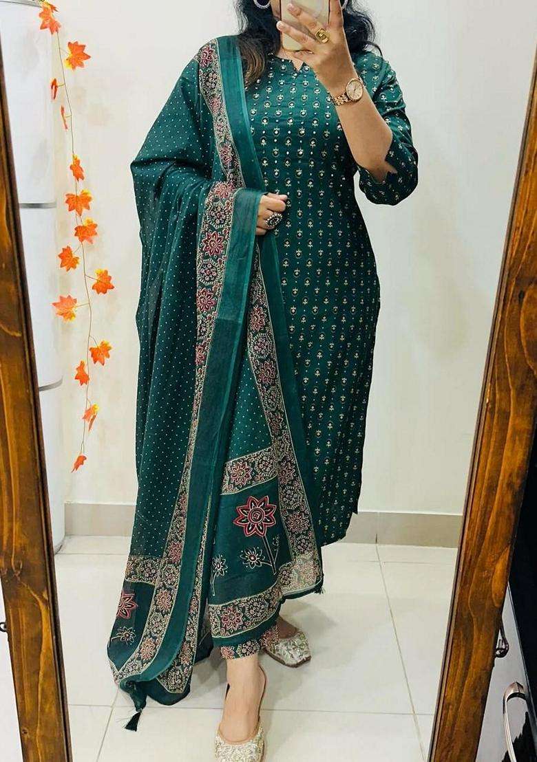 Green Printed Cotton Anarkali Set - Indya