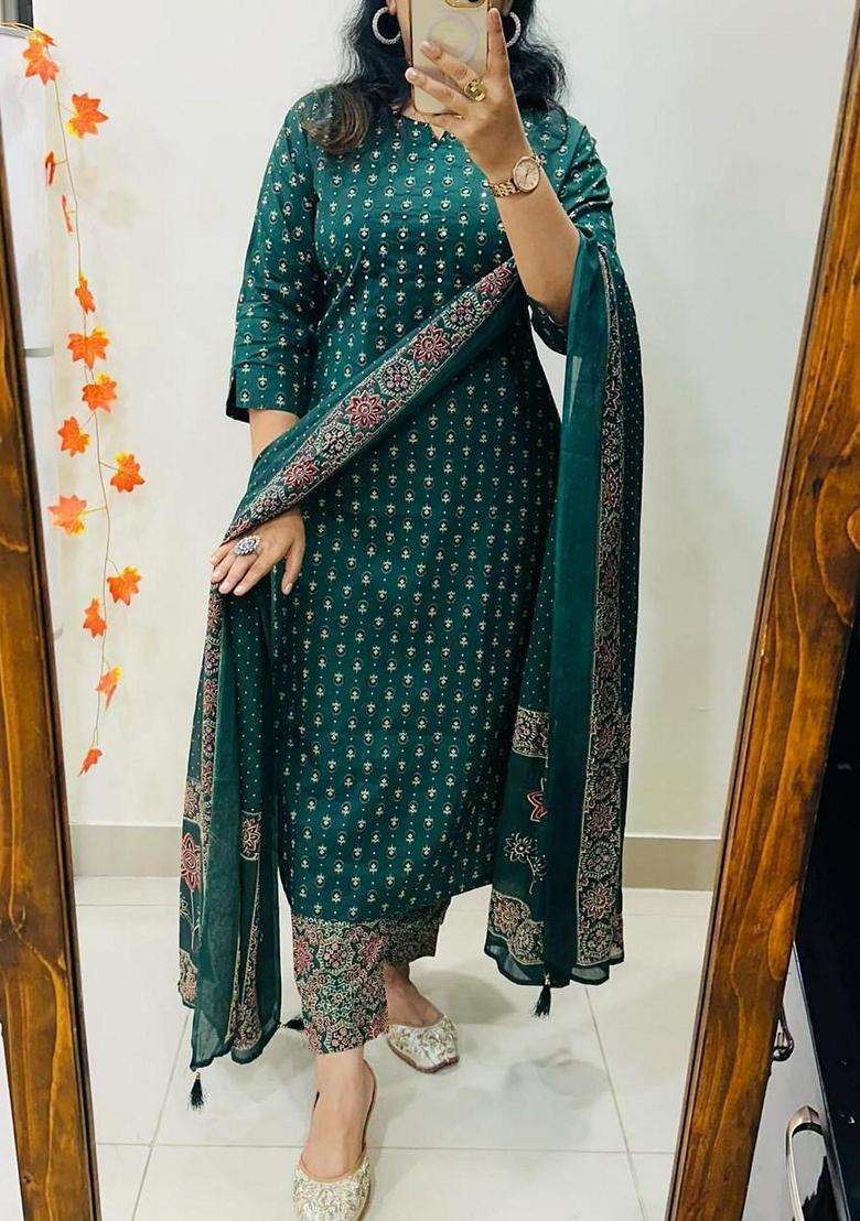 Green Printed Cotton Anarkali Set - Indya