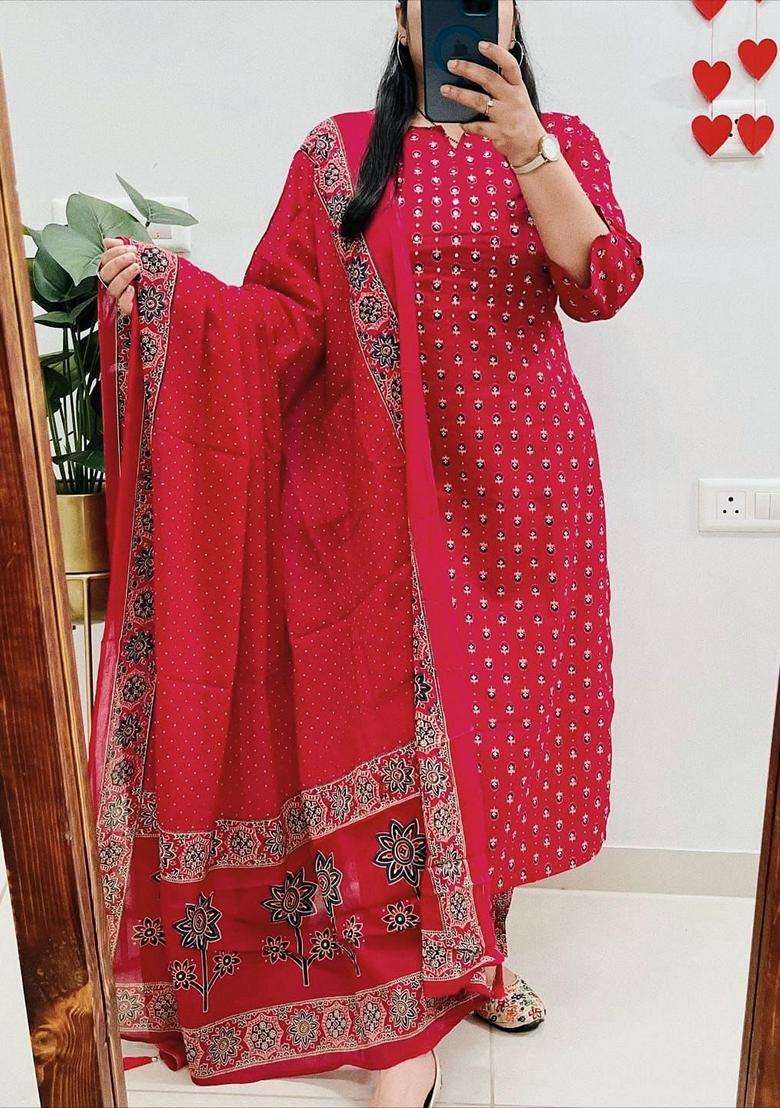 Red Printed Cotton Straight Kurta Set - Indya