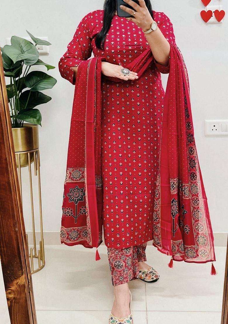 Red Printed Cotton Straight Kurta Set - Indya