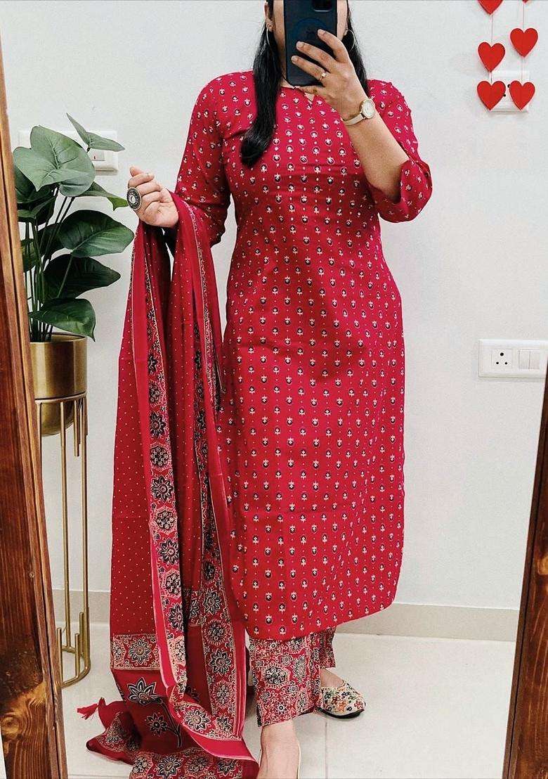 Red Printed Cotton Straight Kurta Set - Indya
