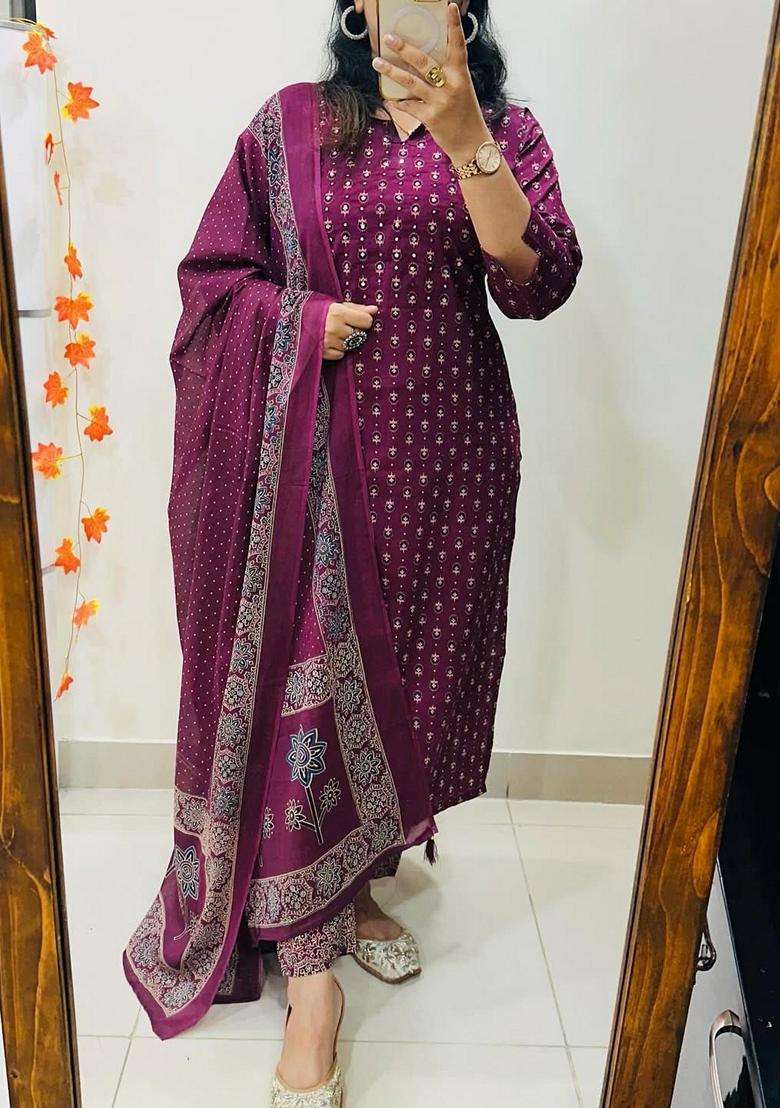 Purple Printed Cotton Straight Kurta Set - Indya