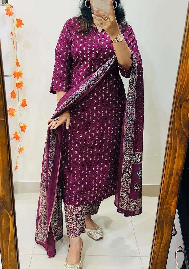 Purple Printed Cotton Straight Kurta Set - Indya