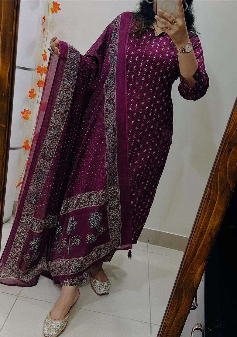 Purple Printed Cotton Straight Kurta Set - Indya