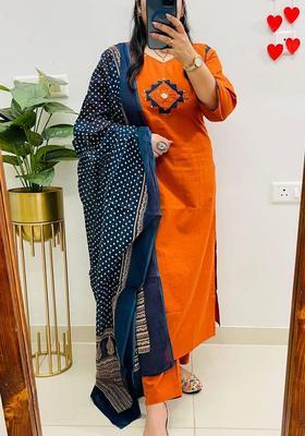 Orange Embroidered Cotton Straight Kurta Set