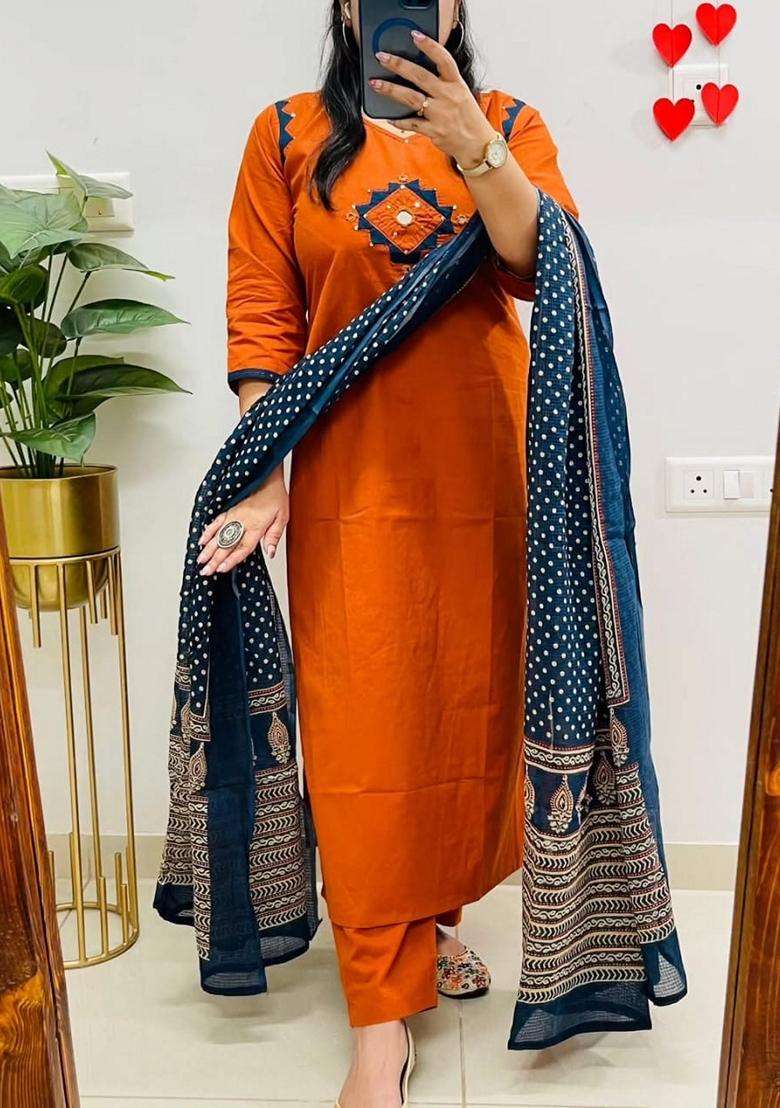 Orange Embroidered Cotton Straight Kurta Set - Indya