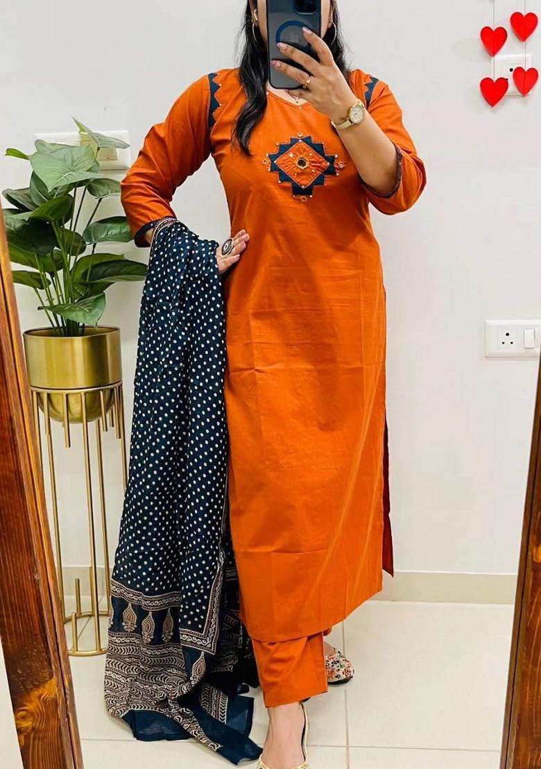 Orange Embroidered Cotton Straight Kurta Set - Indya