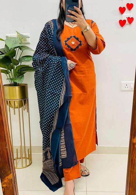 Orange Embroidered Cotton Straight Kurta Set