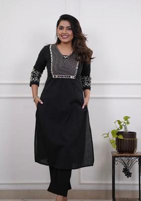 Black Embroidered Cotton Straight Kurta Set
