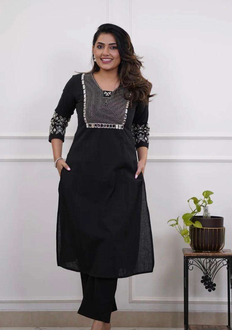 Black Embroidered Cotton Straight Kurta Set - Indya