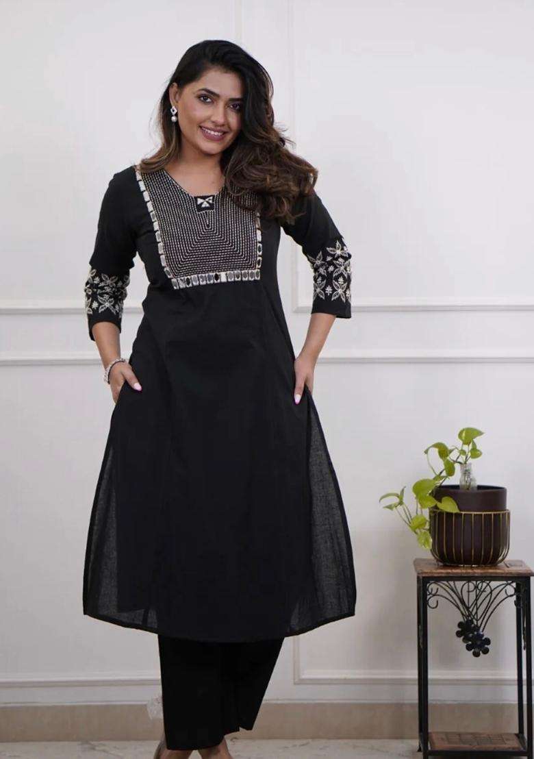 Black Embroidered Cotton Straight Kurta Set - Indya