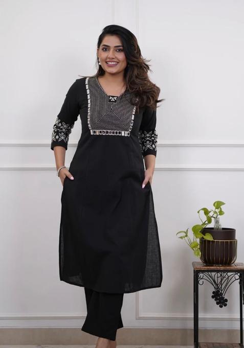 Black Embroidered Cotton Straight Kurta Set