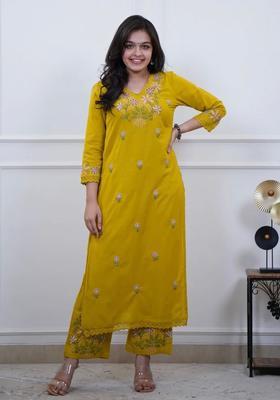 Yellow Embroidered Cotton Straight Kurta Set