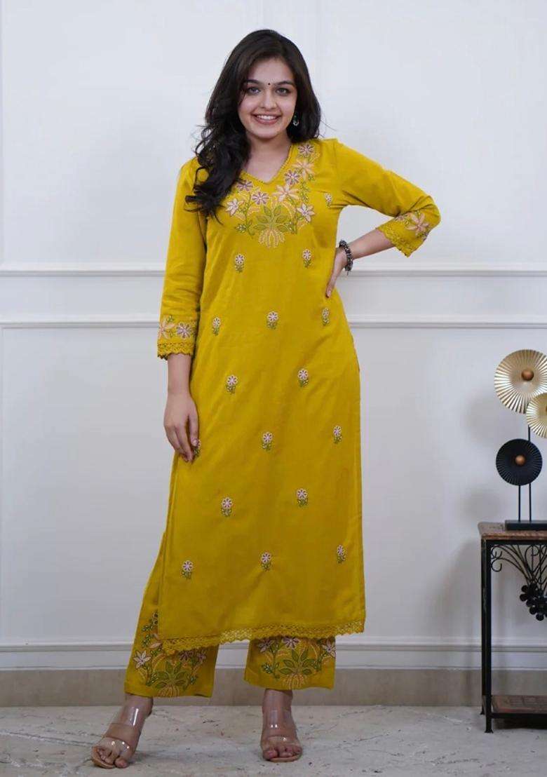 Yellow Embroidered Cotton Straight Kurta Set - Indya