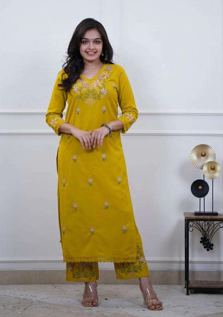 Yellow Embroidered Cotton Straight Kurta Set - Indya