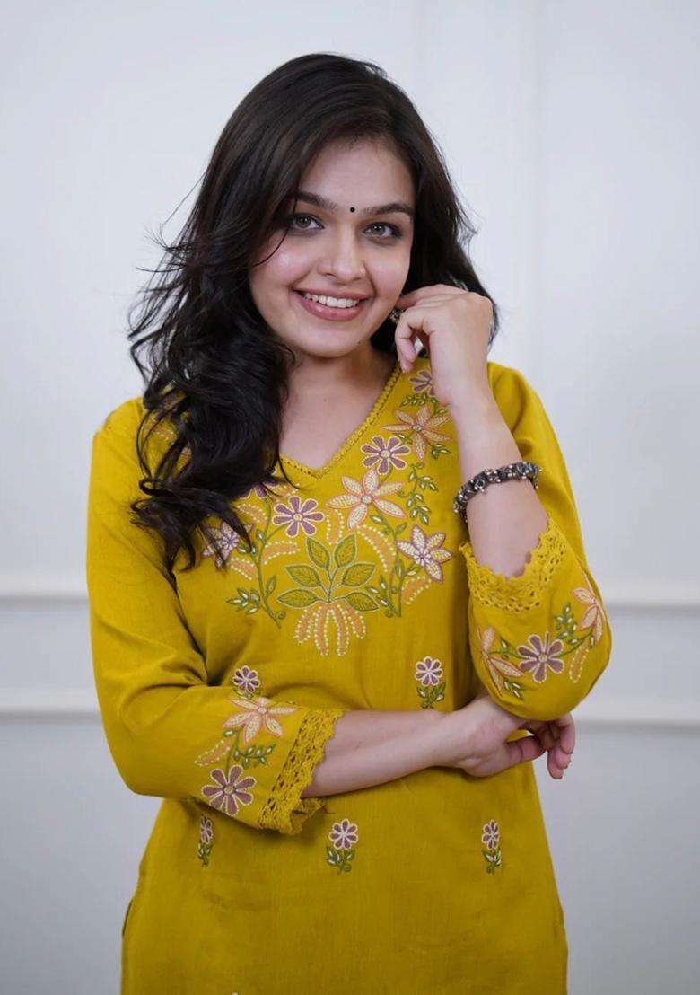Yellow Embroidered Cotton Straight Kurta Set - Indya