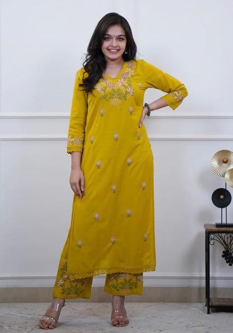 Yellow Embroidered Cotton Straight Kurta Set