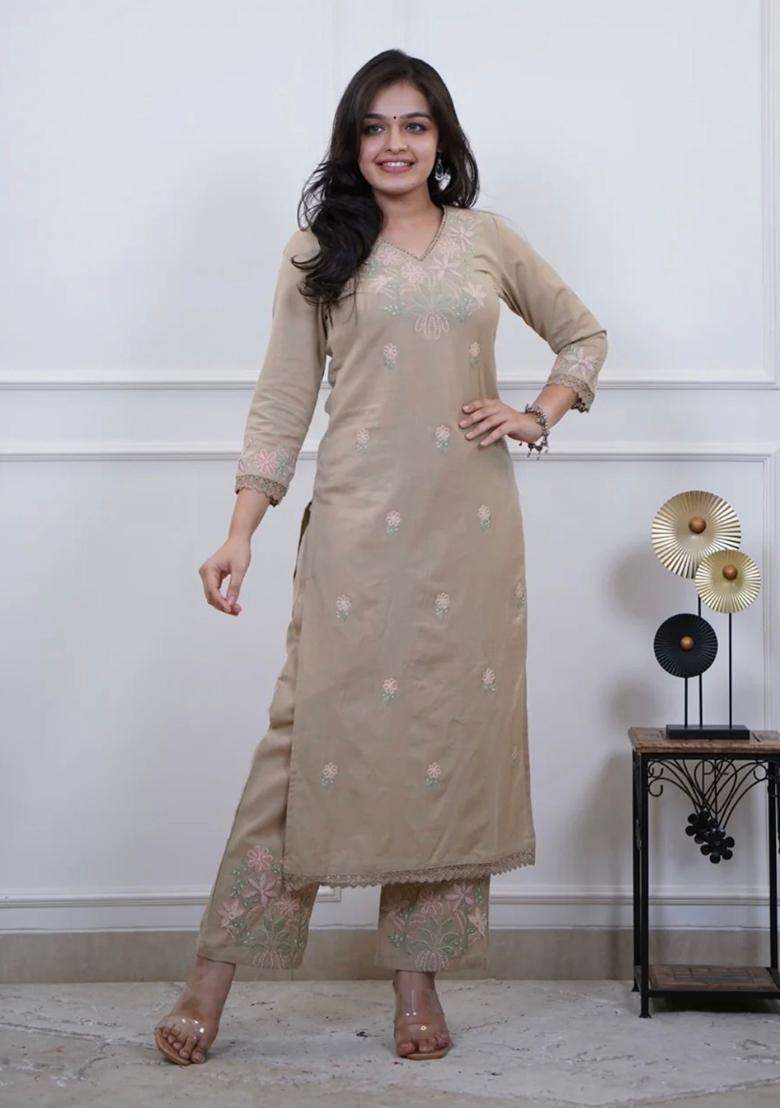 Beige Embroidered Cotton Straight Kurta Set - Indya