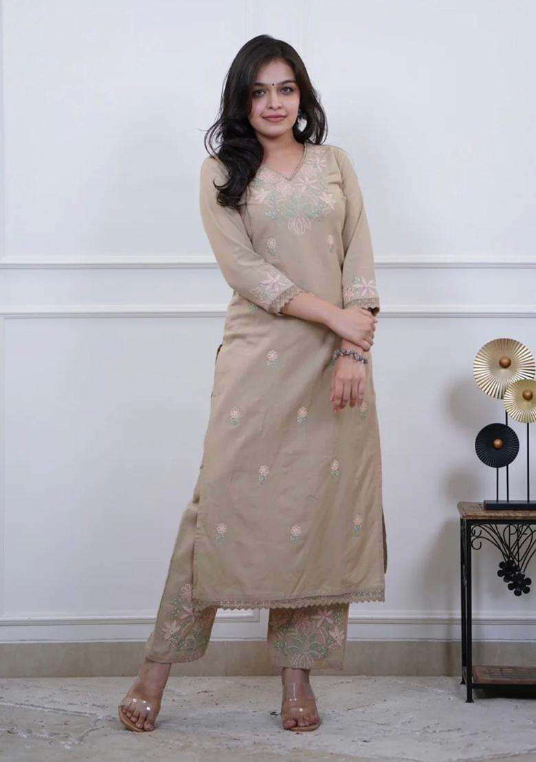 Beige Embroidered Cotton Straight Kurta Set - Indya