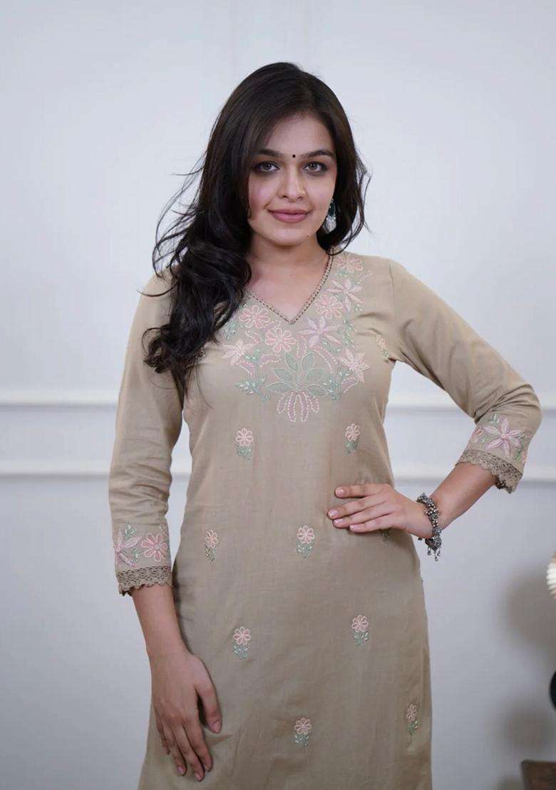 Beige Embroidered Cotton Straight Kurta Set - Indya