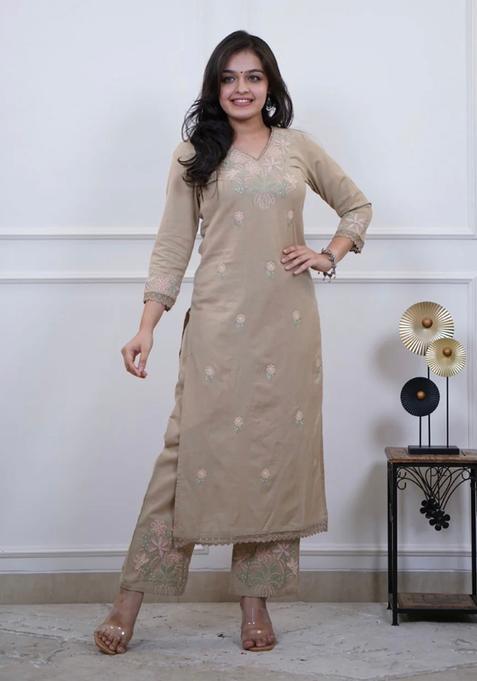 Beige Embroidered Cotton Straight Kurta Set