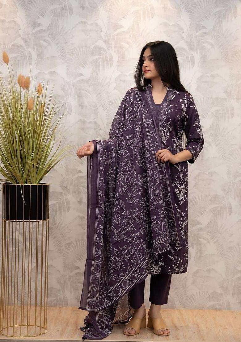 Purple Printed Cotton Straight Kurta Set - Indya