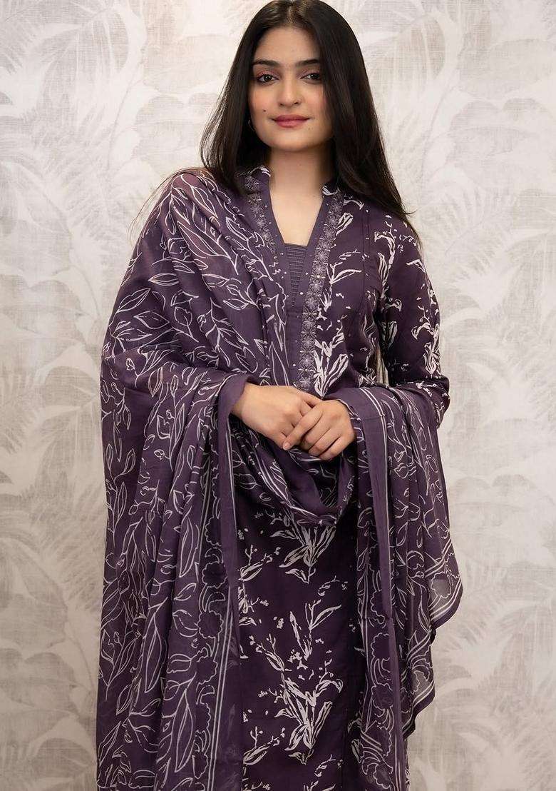 Purple Printed Cotton Straight Kurta Set - Indya