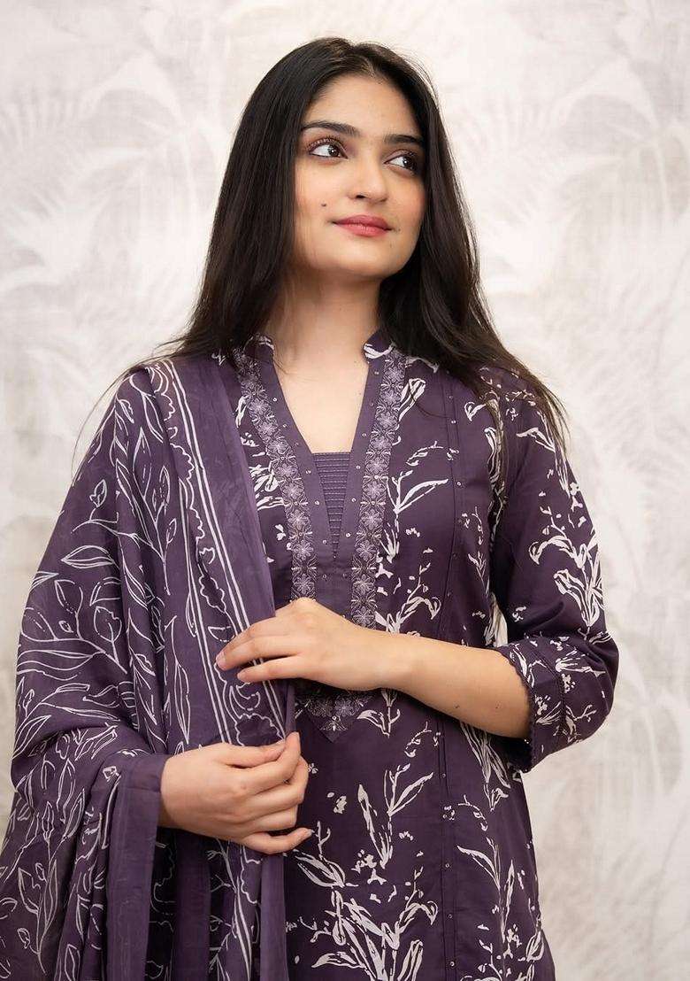 Purple Printed Cotton Straight Kurta Set - Indya