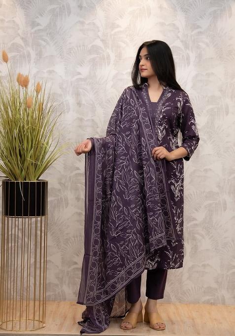 Purple Printed Cotton Straight Kurta Set