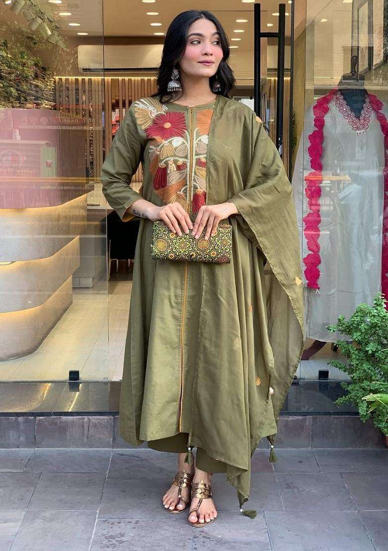 Green Embroidered Cotton Straight Kurta Set - Indya