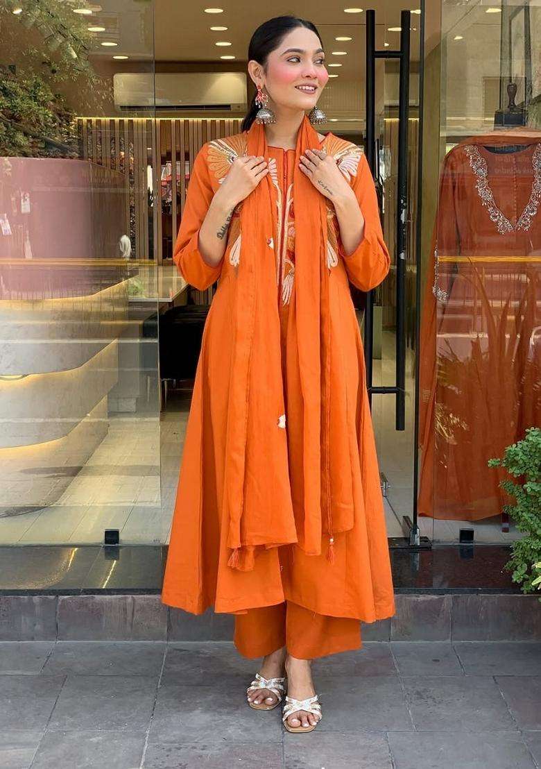 Rust Embroidered Cotton A Line Kurta Set - Indya
