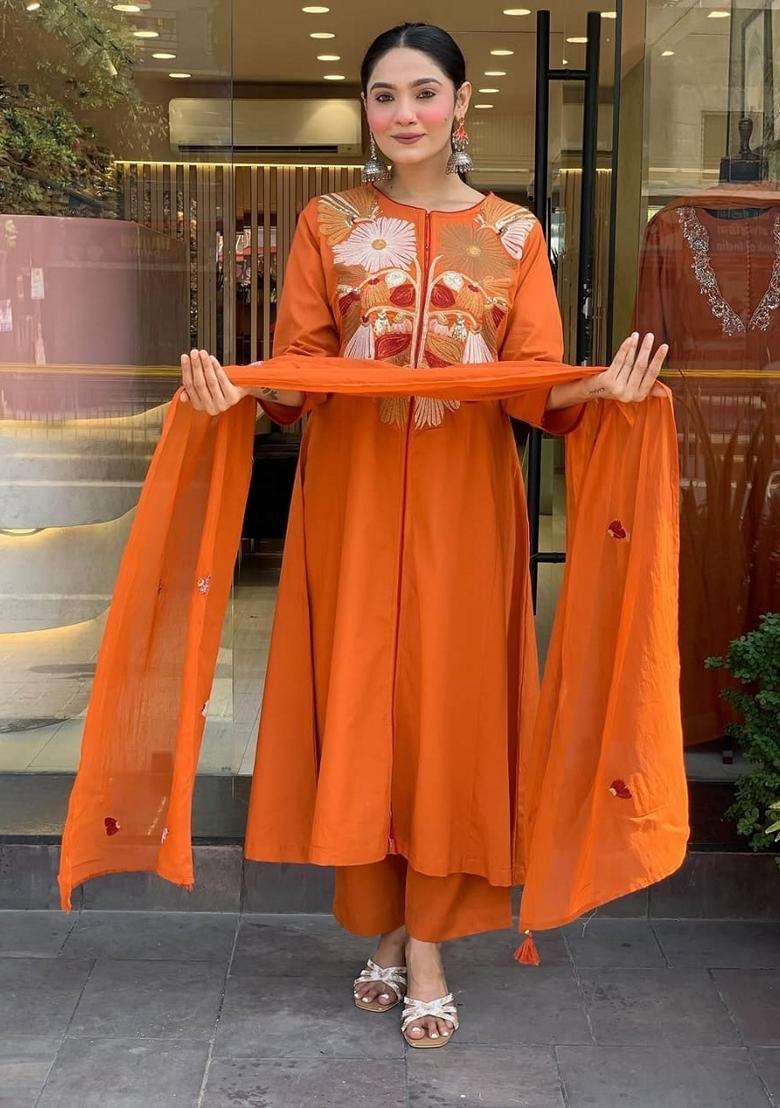 Rust Embroidered Cotton A Line Kurta Set - Indya