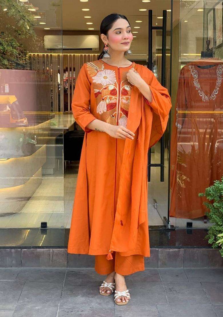 Rust Embroidered Cotton A Line Kurta Set - Indya