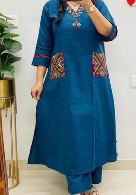 Blue Embroidered Cotton A Line Kurta Set