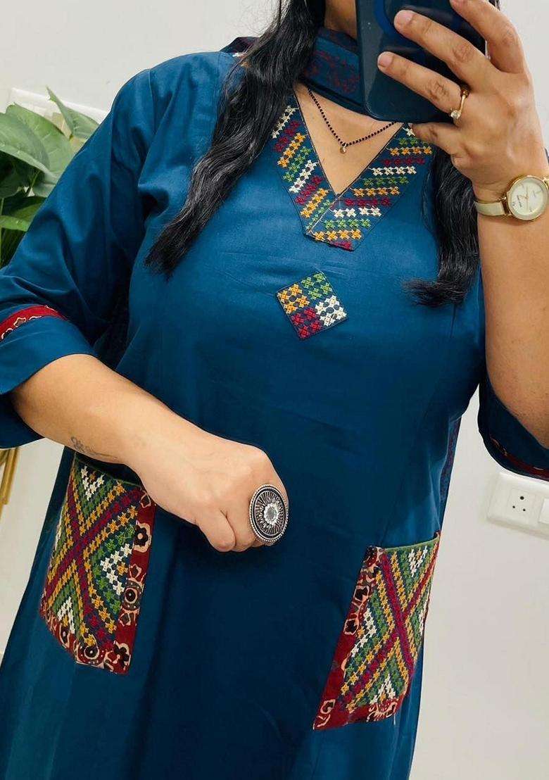 Blue Embroidered Cotton A Line Kurta Set - Indya