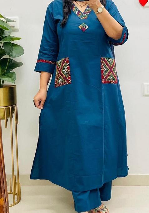 Blue Embroidered Cotton A Line Kurta Set