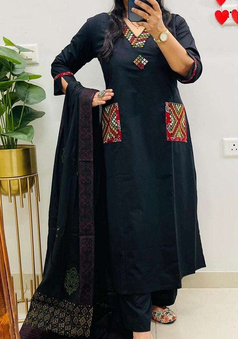 Black Embroidered Cotton Straight Kurta Set - Indya