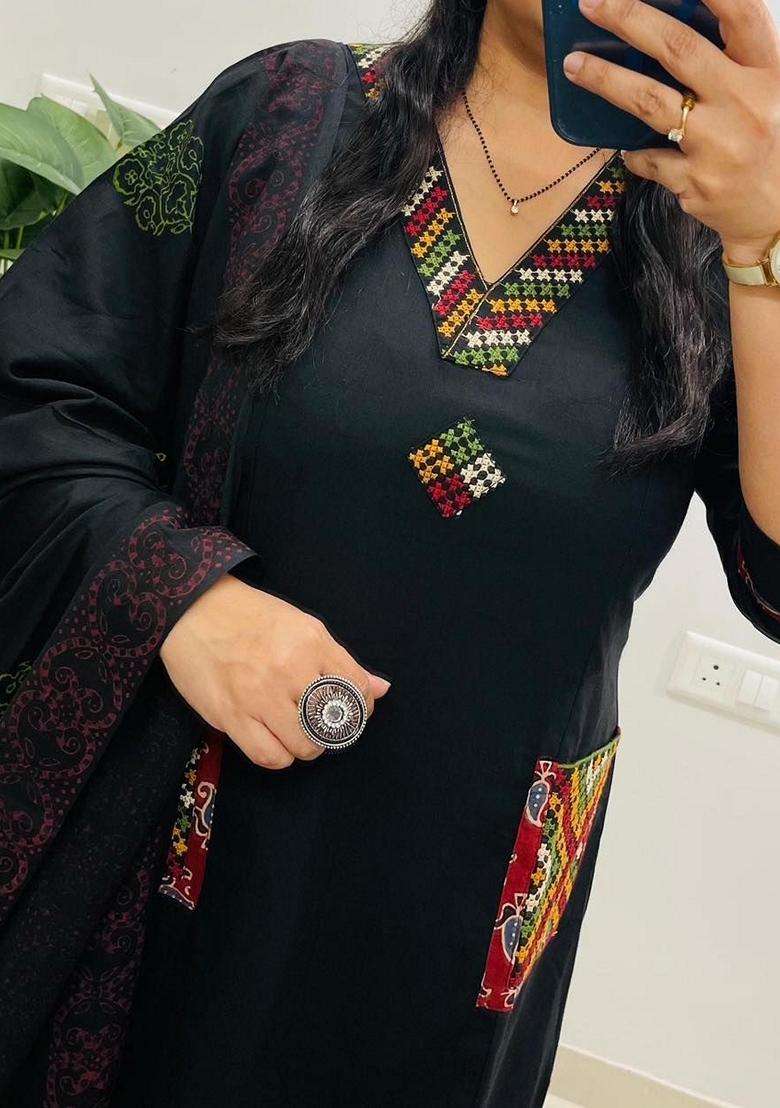 Black Embroidered Cotton Straight Kurta Set - Indya