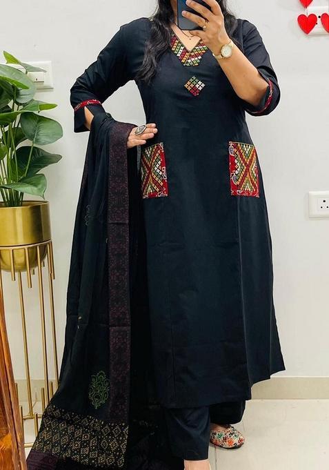 Black Embroidered Cotton Straight Kurta Set