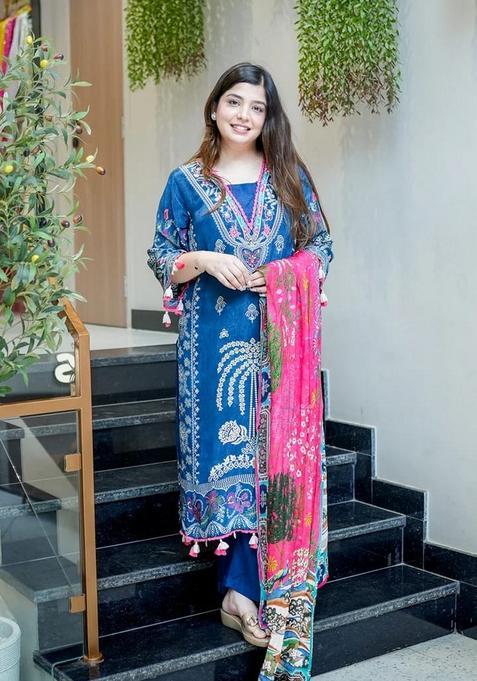 Blue Printed Muslin Pakistani Suit Set