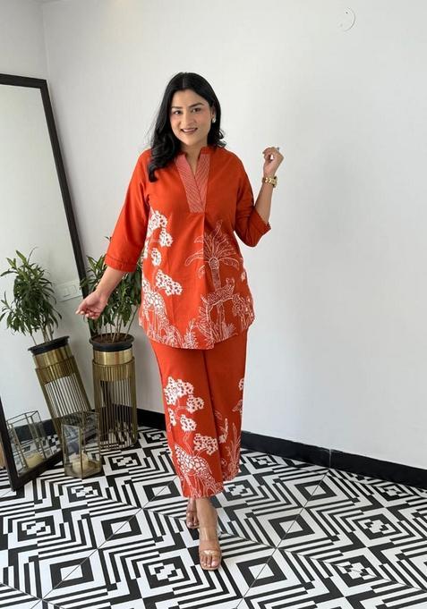Rust Printed Cotton Co Ord Set