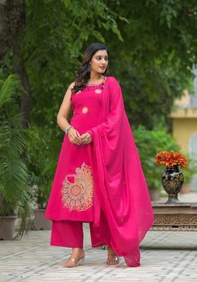 Pink Embroidered Cotton Straight Kurta Set