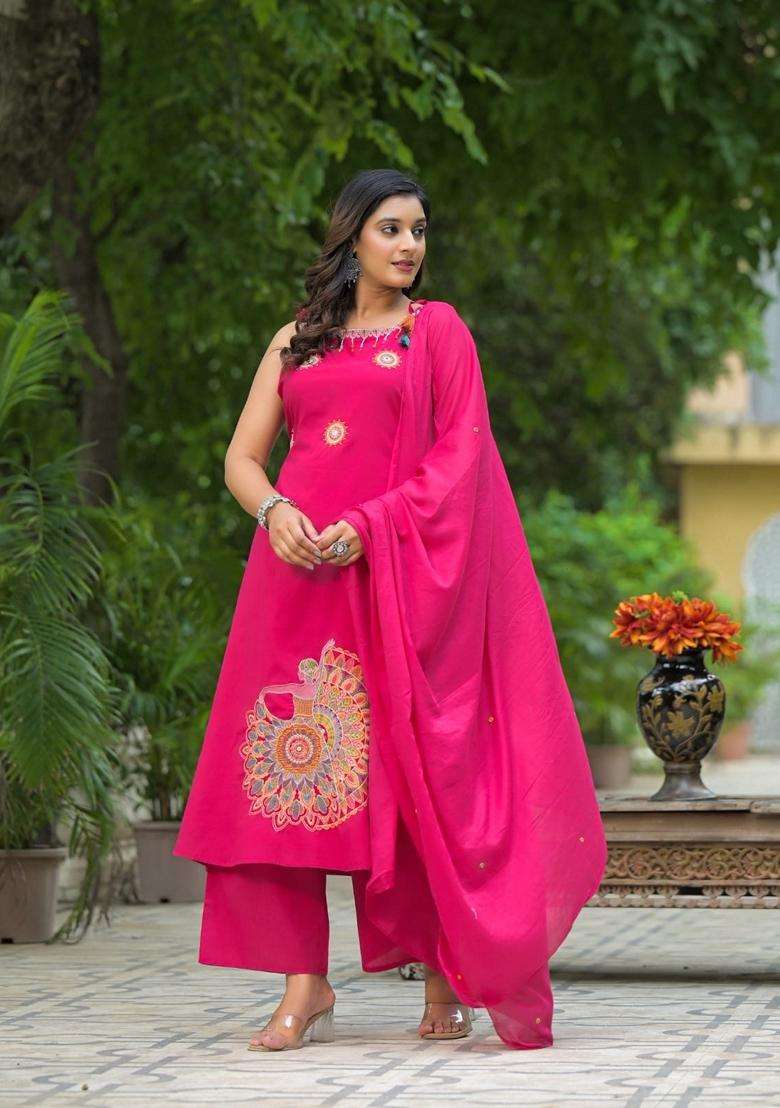 Pink Embroidered Cotton Straight Kurta Set - Indya