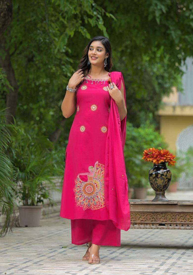 Pink Embroidered Cotton Straight Kurta Set - Indya