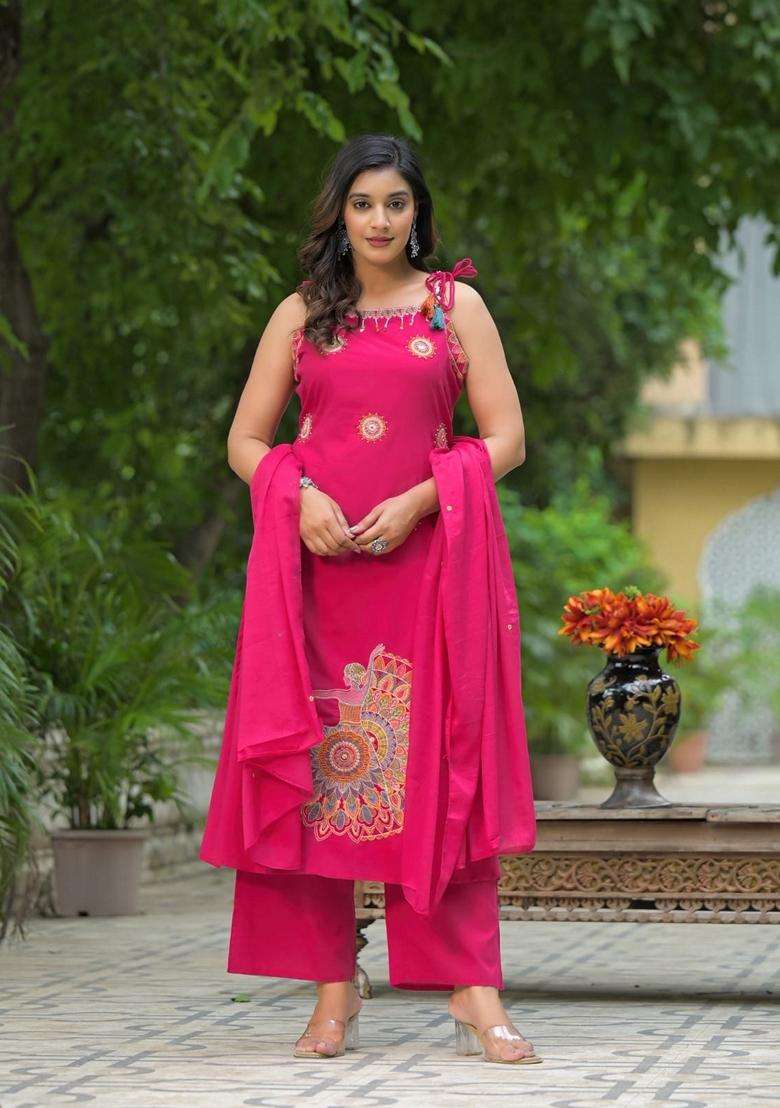 Pink Embroidered Cotton Straight Kurta Set - Indya